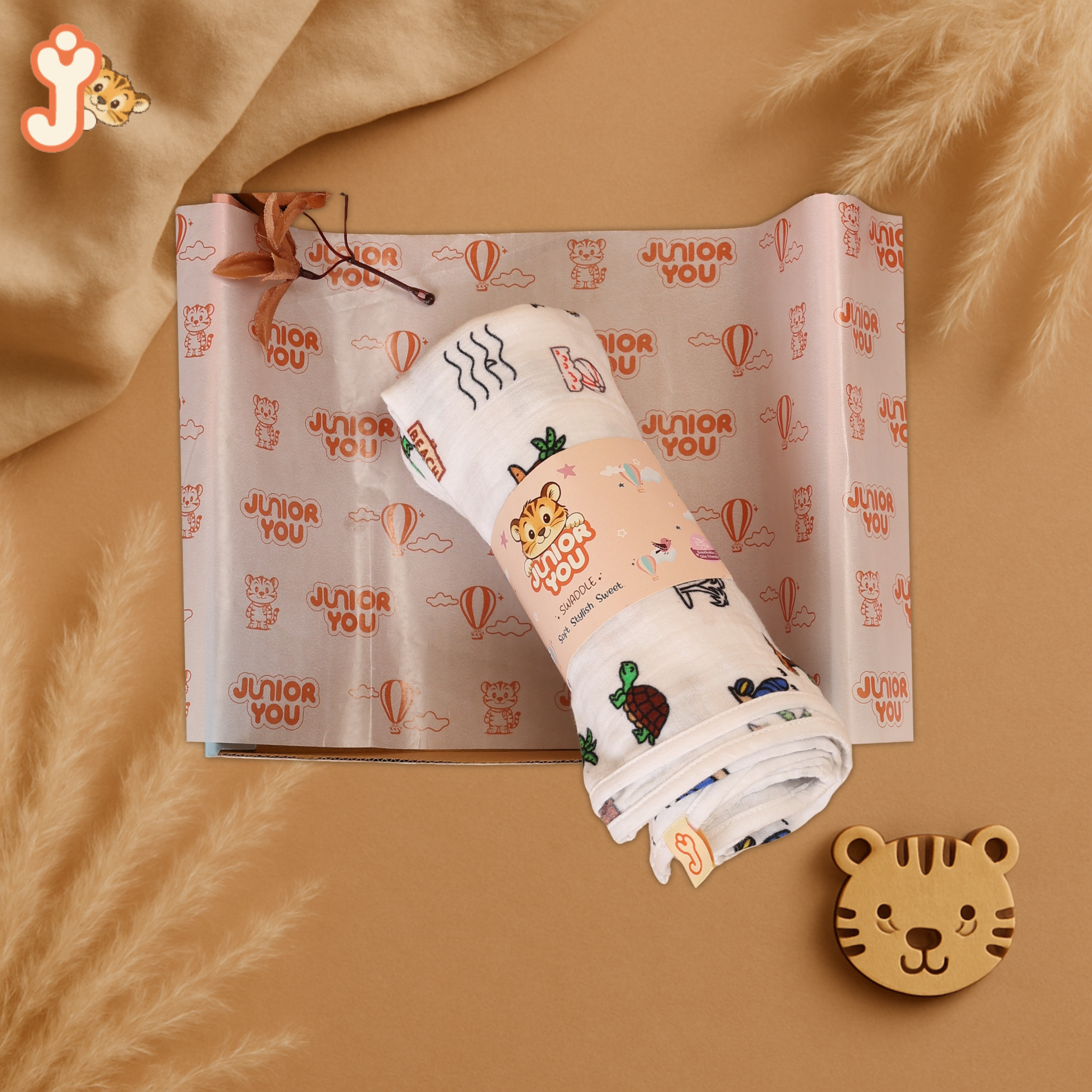 JuniorYou Organic Cotton Muslin Baby Care Essentials (Combo Set of 3) – Sandy Toes Holiday Swaddle, Washcloth & Bib/Burp Cloth