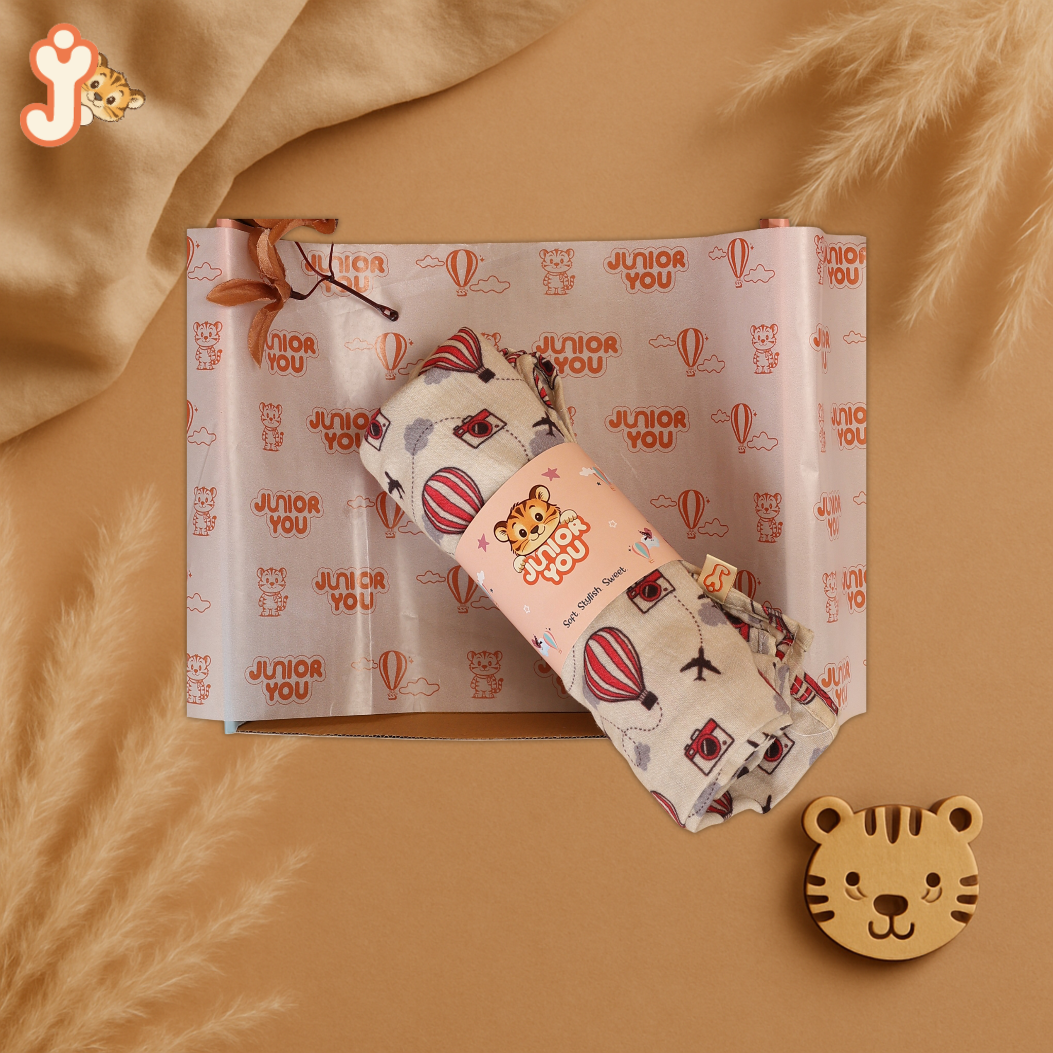 JuniorYou Organic Cotton Muslin Baby Care Essentials (Combo Set of 3) – Balloon Safari Swaddle, Washcloth & Bib/Burp Cloth