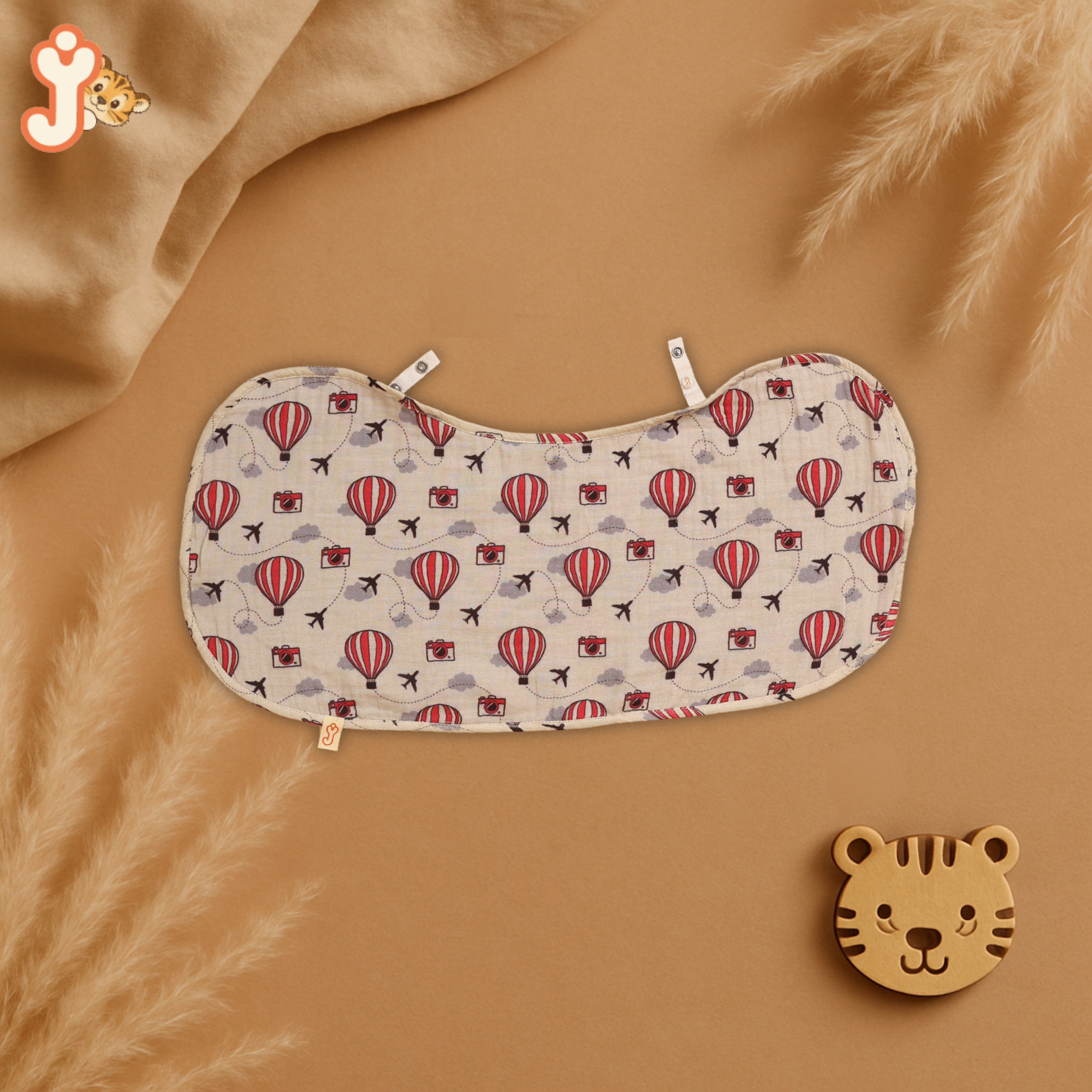 Organic Cotton Muslin Baby Care Essentials (Combo Set of 3) – Balloon Safari Swaddle, Washcloth & Bib/Burp Cloth