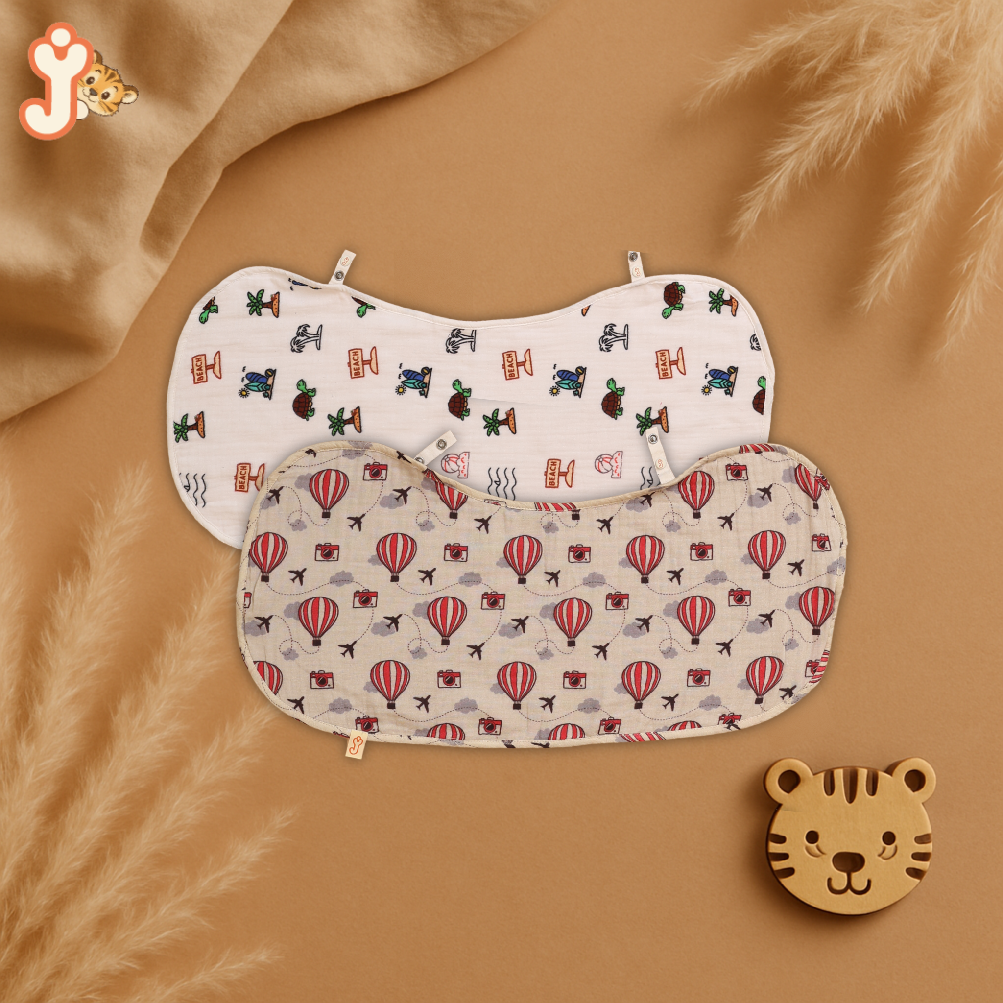 Junioryou Organic Cotton muslin Bib/Burp Cloth for babies (Pack of 2) - Balloon Safari & Sand Toes Holiday