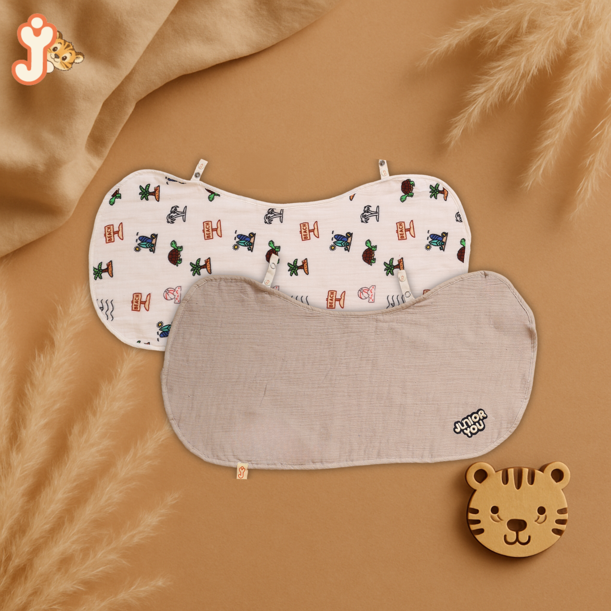 Junioryou Organic Cotton muslin Bib/Burp Cloth for babies (Pack of 2) - Solid Grey & Sand Toes Holiday
