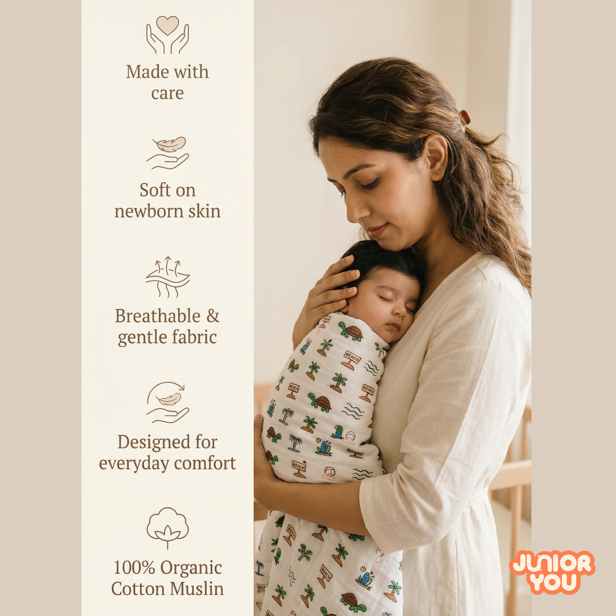 Organic Cotton Muslin Baby Care Essentials (Combo Set of 3) – Sandy Toes Holiday Swaddle, Washcloth & Bib/Burp Cloth