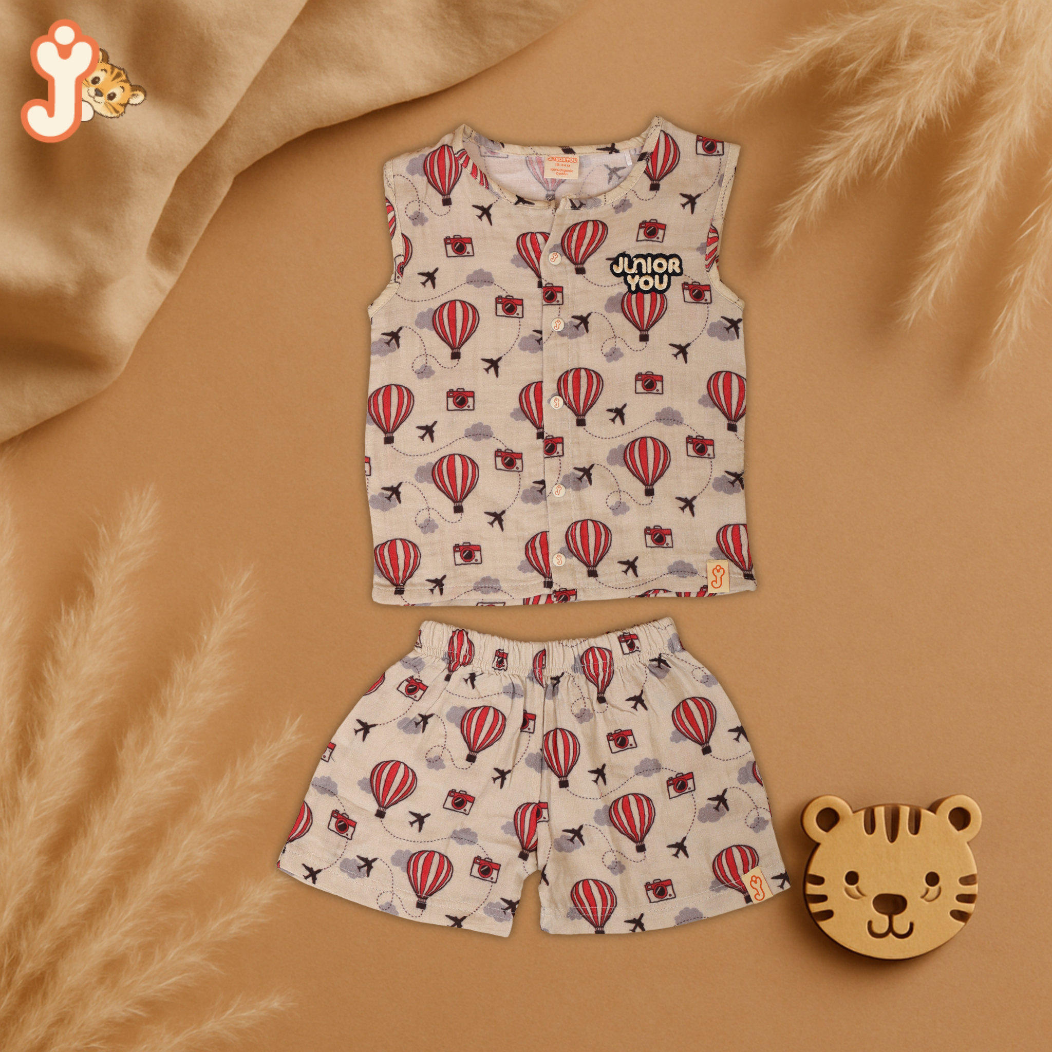 Junioryou Organic Cotton muslin Jhabla set with Shorts (Unisex) - Balloon Safari