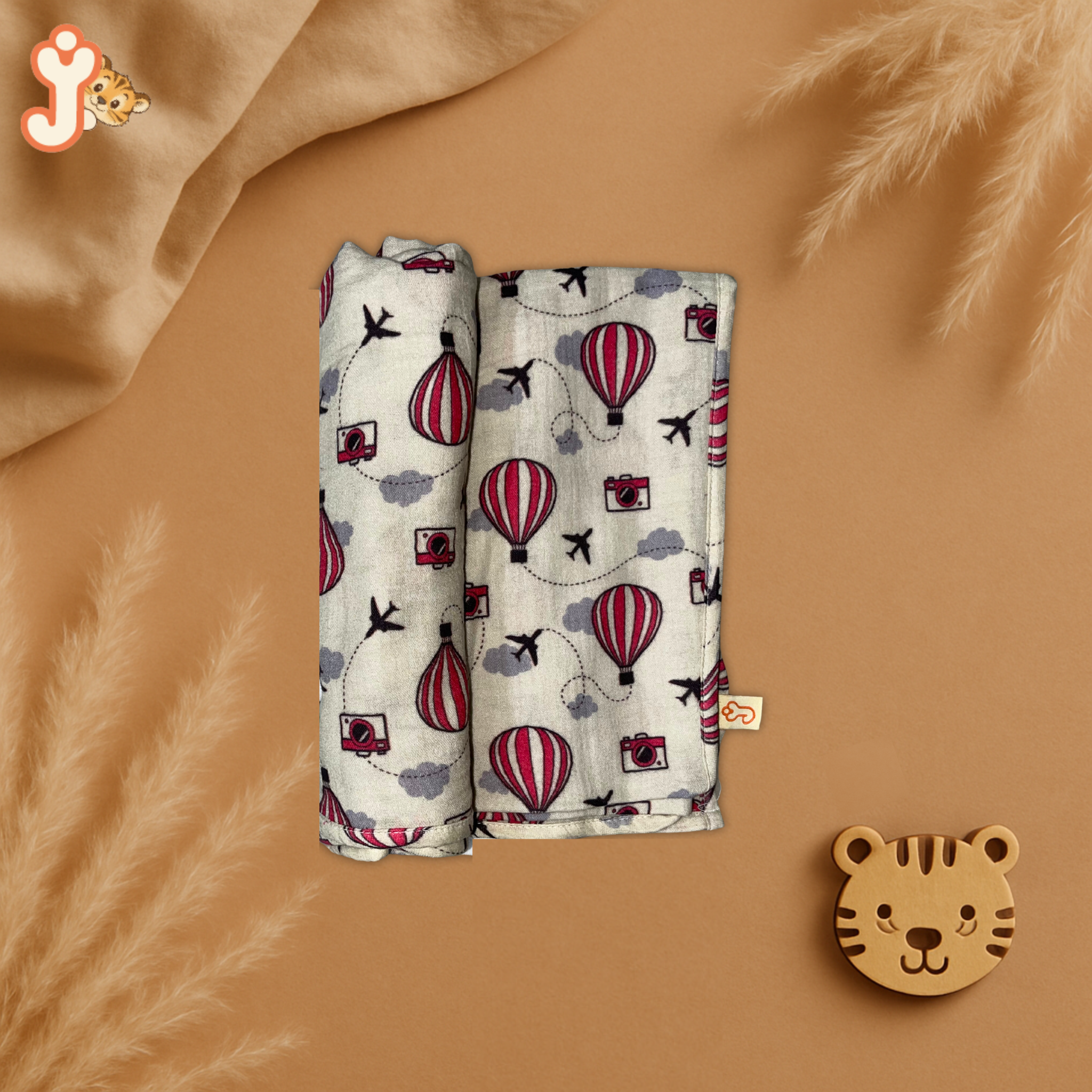 JuniorYou Organic Cotton Muslin Baby Care Essentials (Combo Set of 3) – Balloon Safari Swaddle, Washcloth & Bib/Burp Cloth