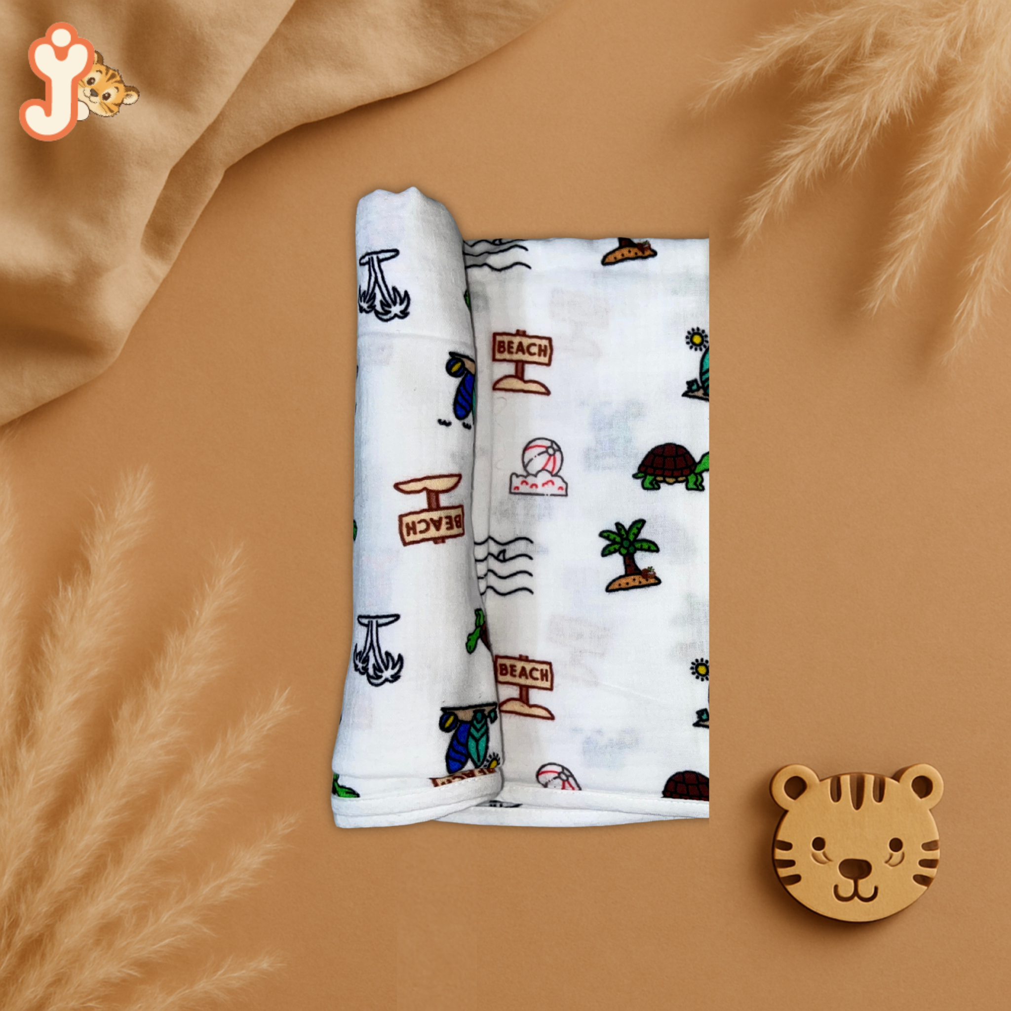JuniorYou Organic Cotton Muslin Baby Care Essentials (Combo Set of 3) – Sandy Toes Holiday Swaddle, Washcloth & Bib/Burp Cloth