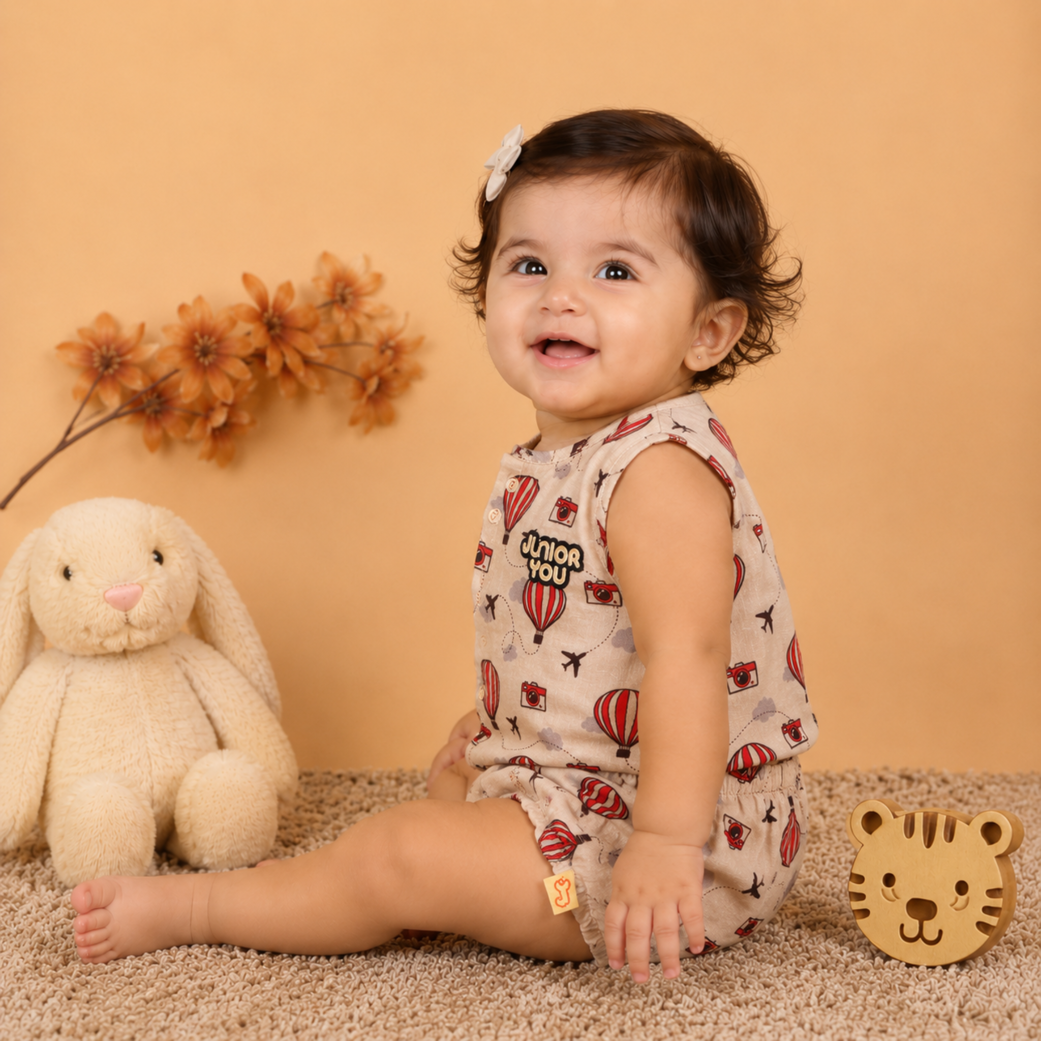 Organic Cotton muslin Jhabla set with Bloomers for baby girl - Balloon Safari