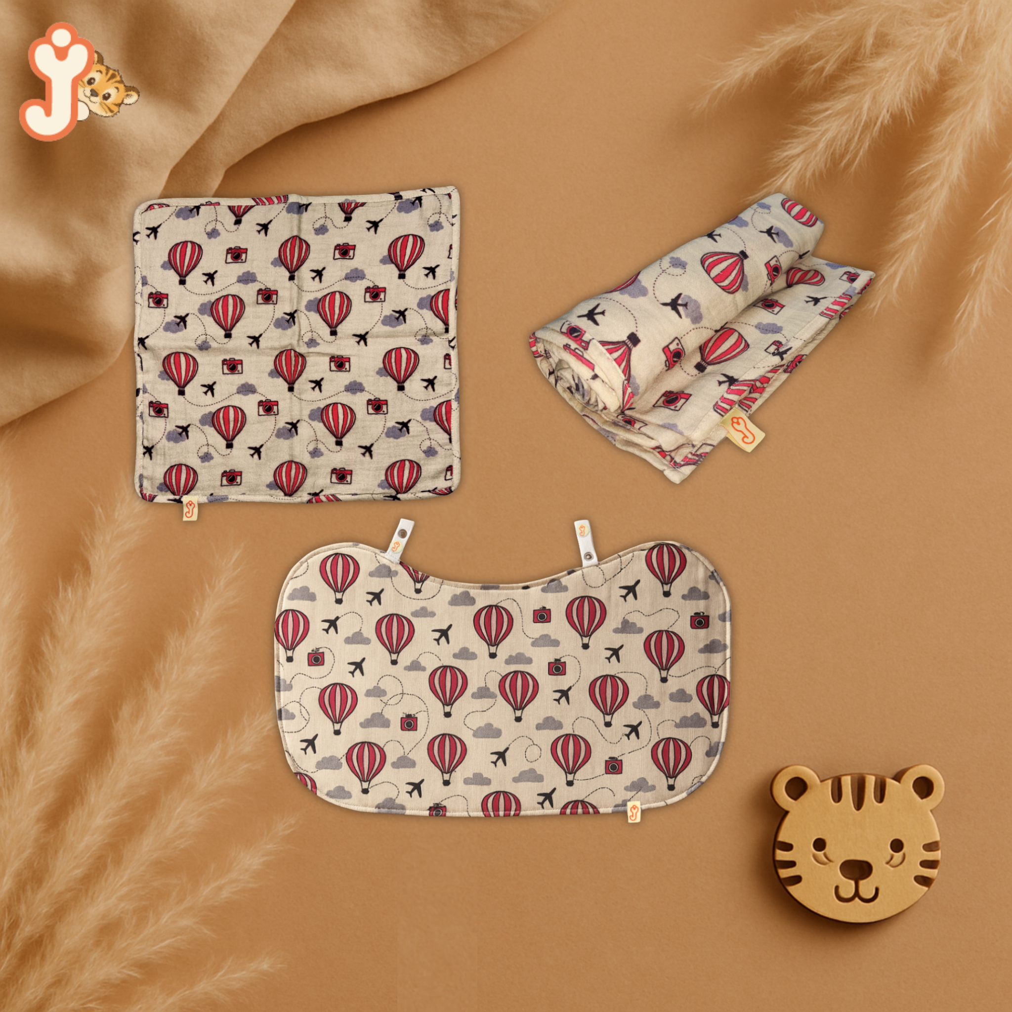 JuniorYou Organic Cotton Muslin Baby Care Essentials (Combo Set of 3) – Balloon Safari Swaddle, Washcloth & Bib/Burp Cloth