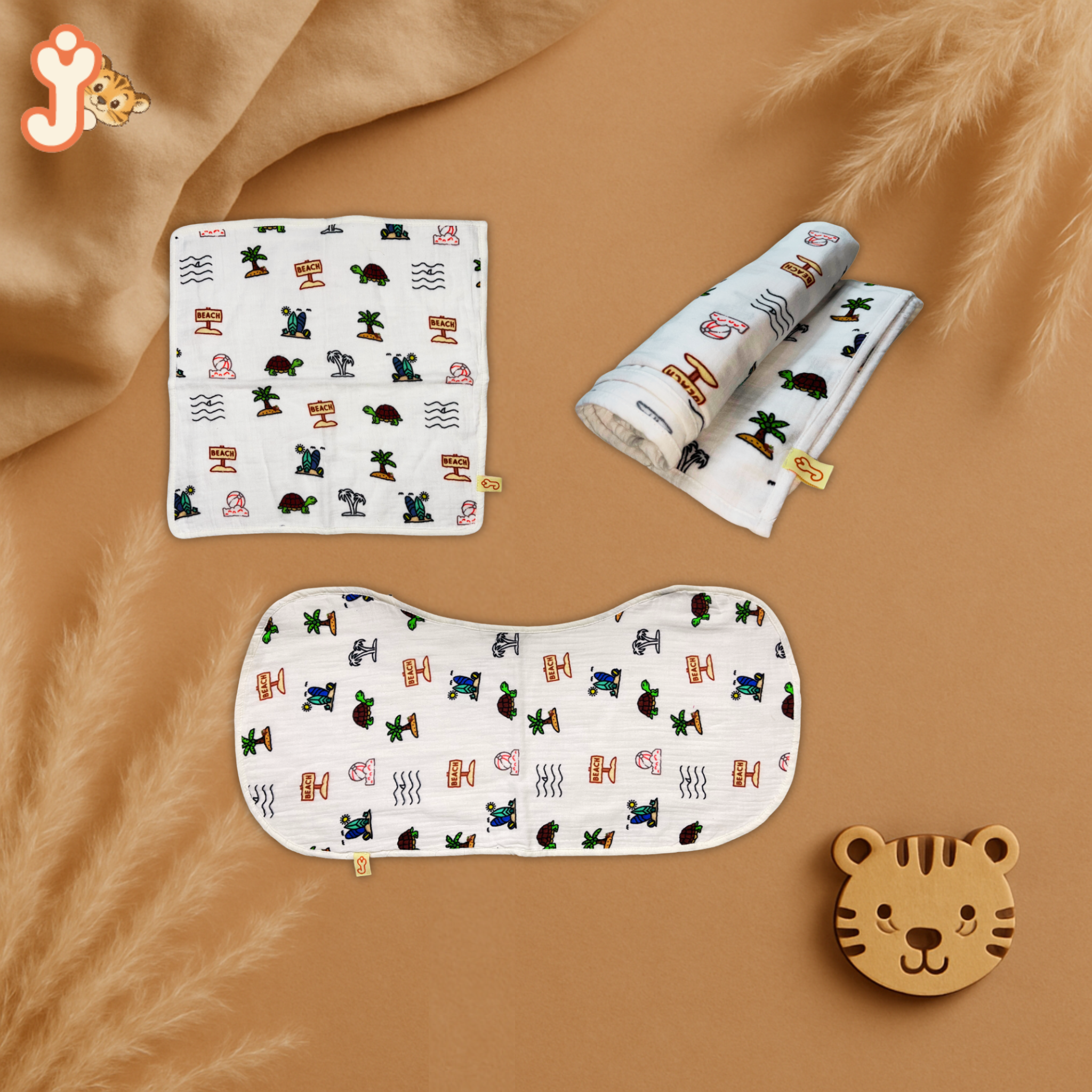 JuniorYou Organic Cotton Muslin Baby Care Essentials (Combo Set of 3) – Sandy Toes Holiday Swaddle, Washcloth & Bib/Burp Cloth