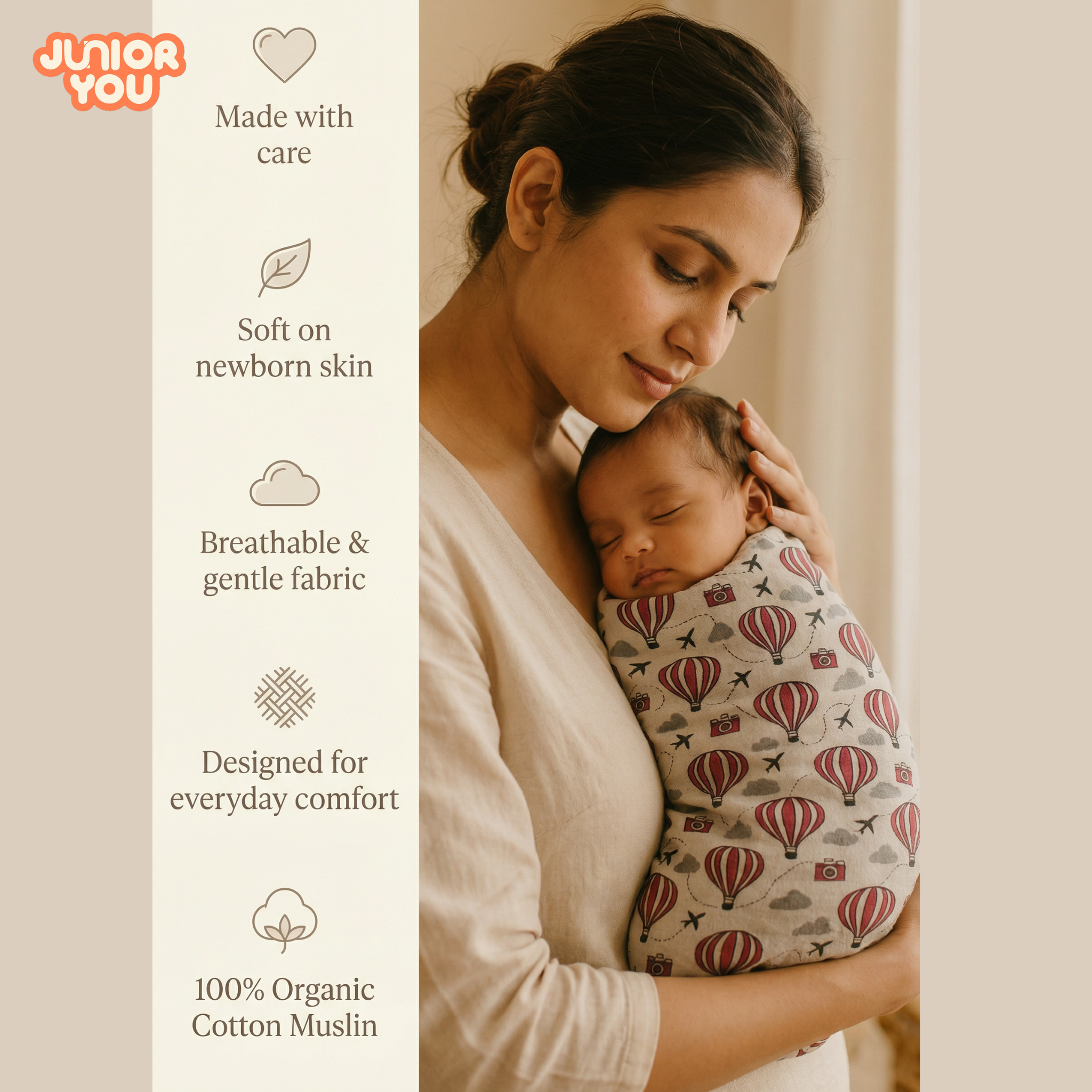 Organic Cotton Muslin Baby Care Essentials (Combo Set of 3) – Balloon Safari Swaddle, Washcloth & Bib/Burp Cloth