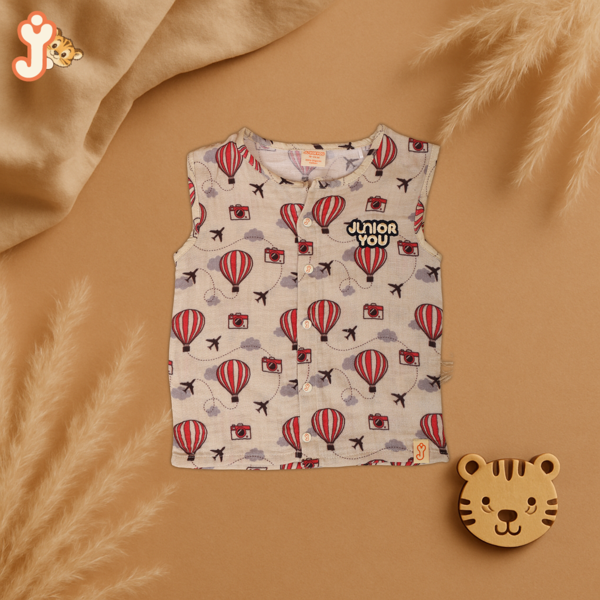 Junioryou Organic Cotton muslin Jhabla set with Shorts (Unisex) - Balloon Safari