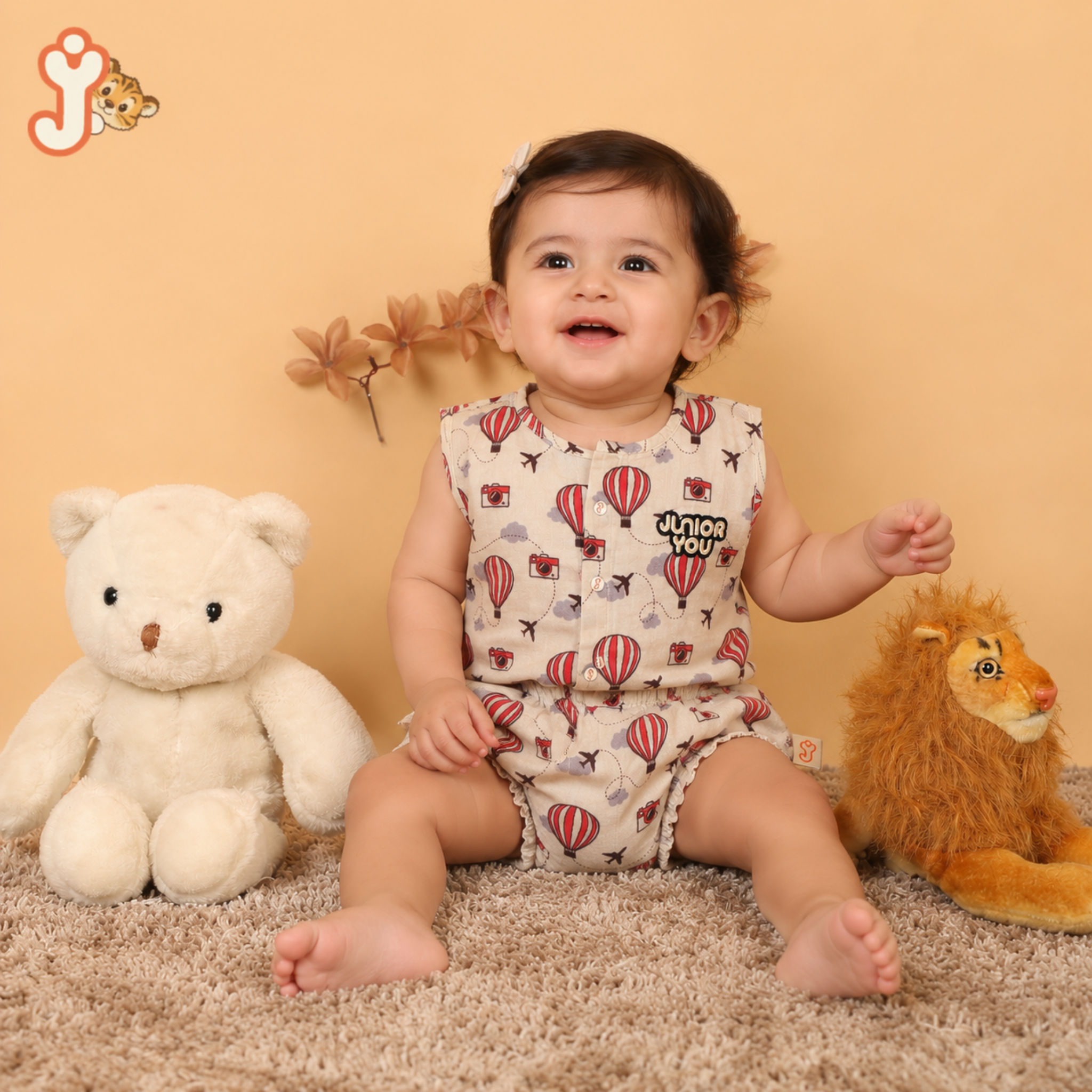 Organic Cotton muslin Jhabla set with Bloomers for baby girl - Balloon Safari