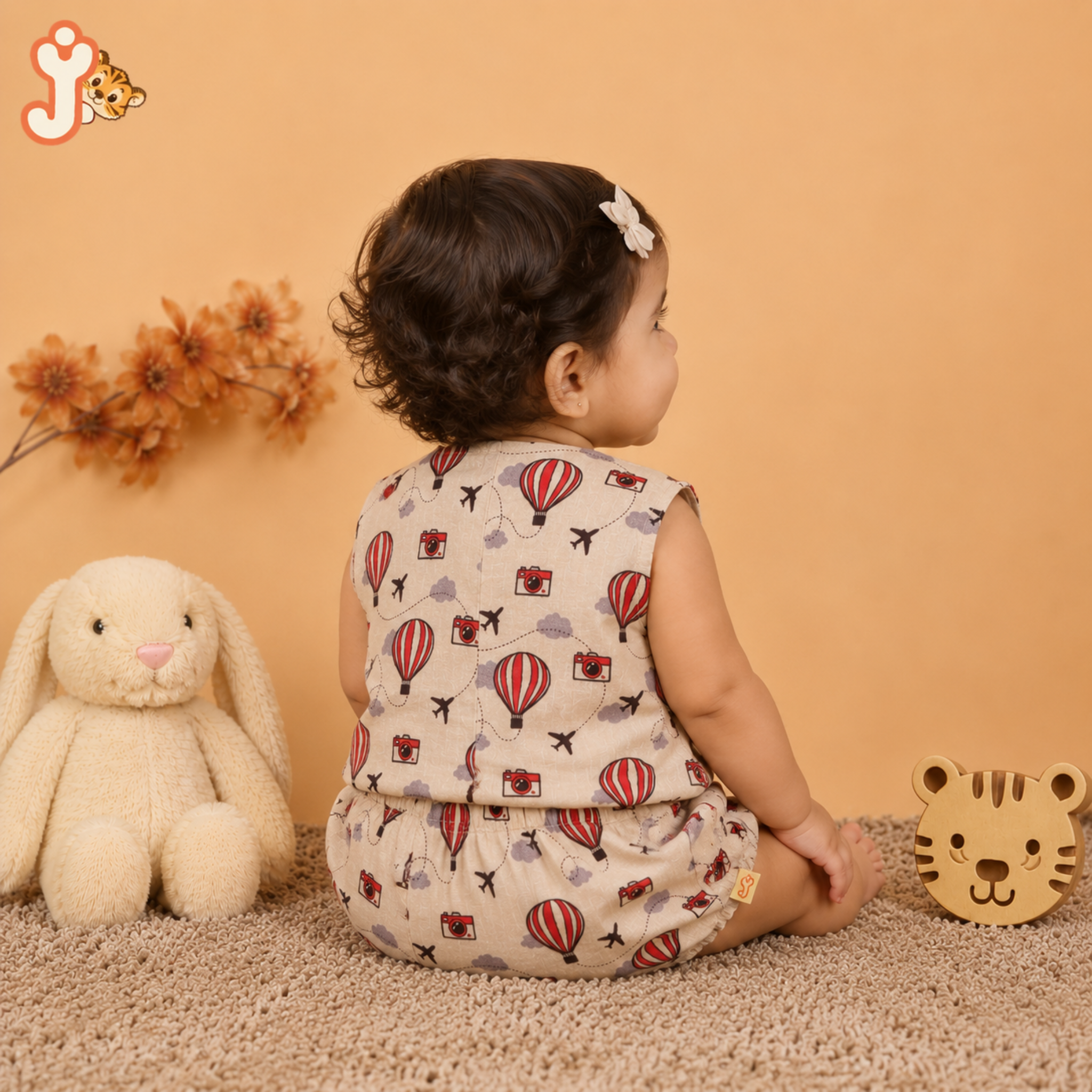 Organic Cotton muslin Jhabla set with Bloomers for baby girl - Balloon Safari