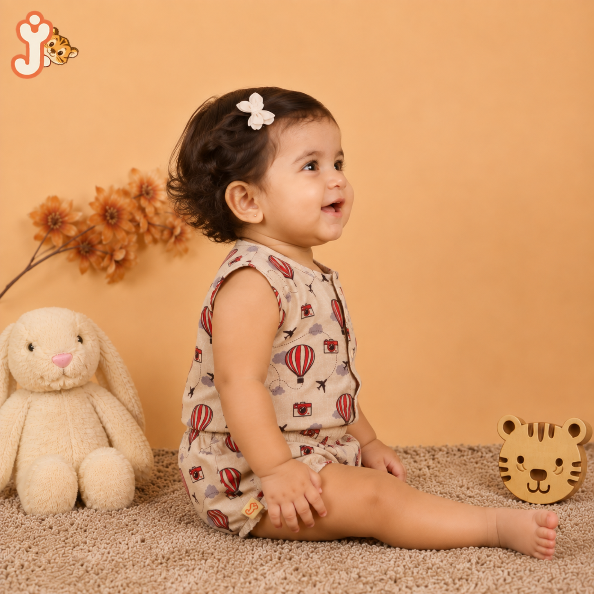 Organic Cotton muslin Jhabla set with Bloomers for baby girl - Balloon Safari