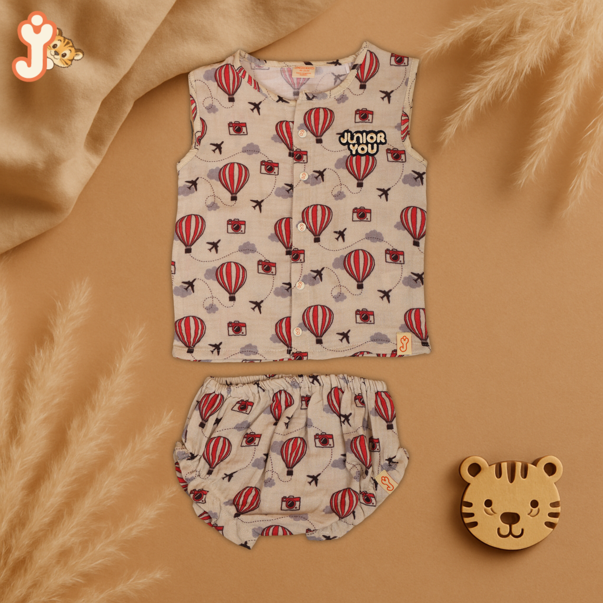 Junioryou Organic Cotton muslin Jhabla set with Bloomers (Unisex) - Balloon Safari