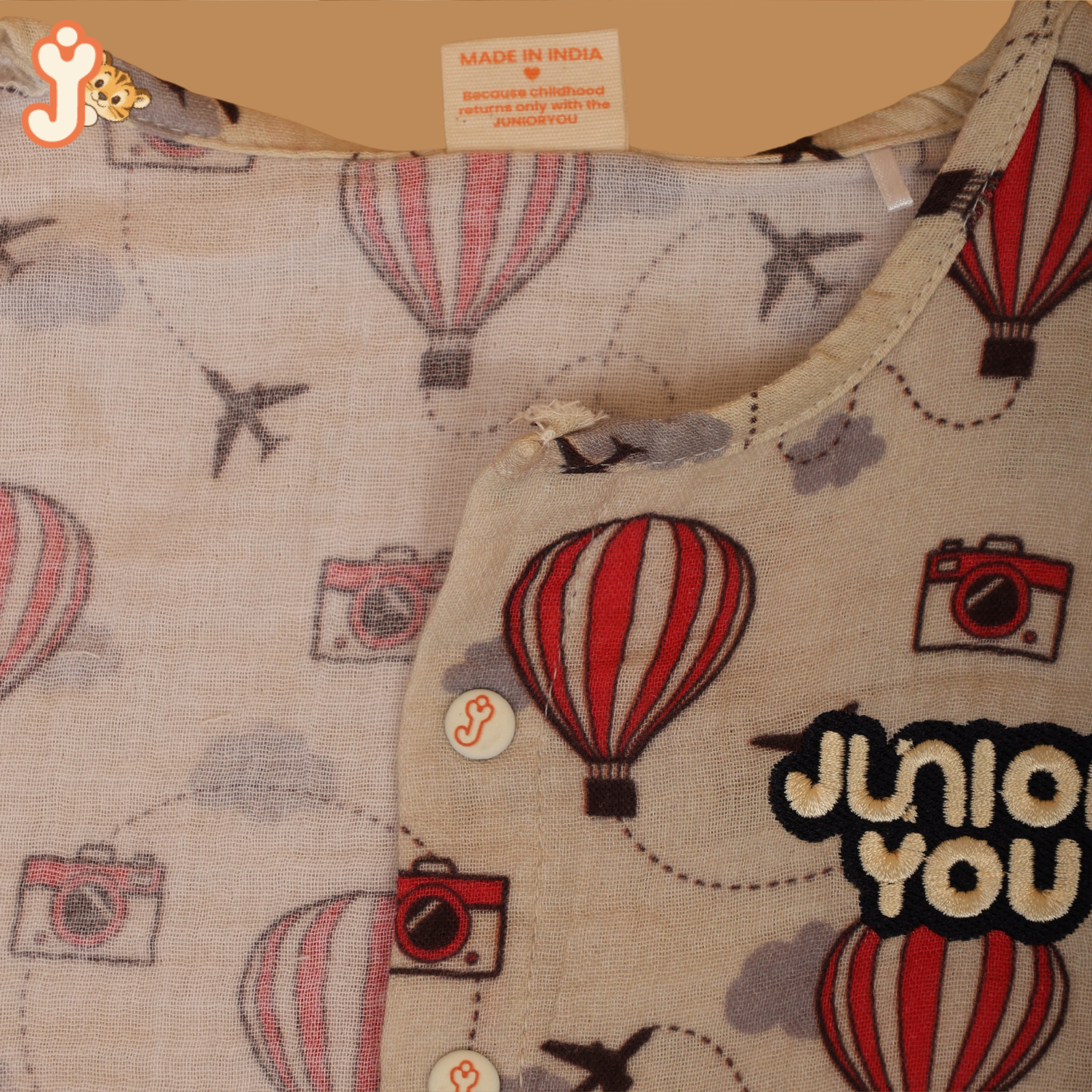 Junioryou Organic Cotton muslin Jhabla set with Shorts (Unisex) - Balloon Safari