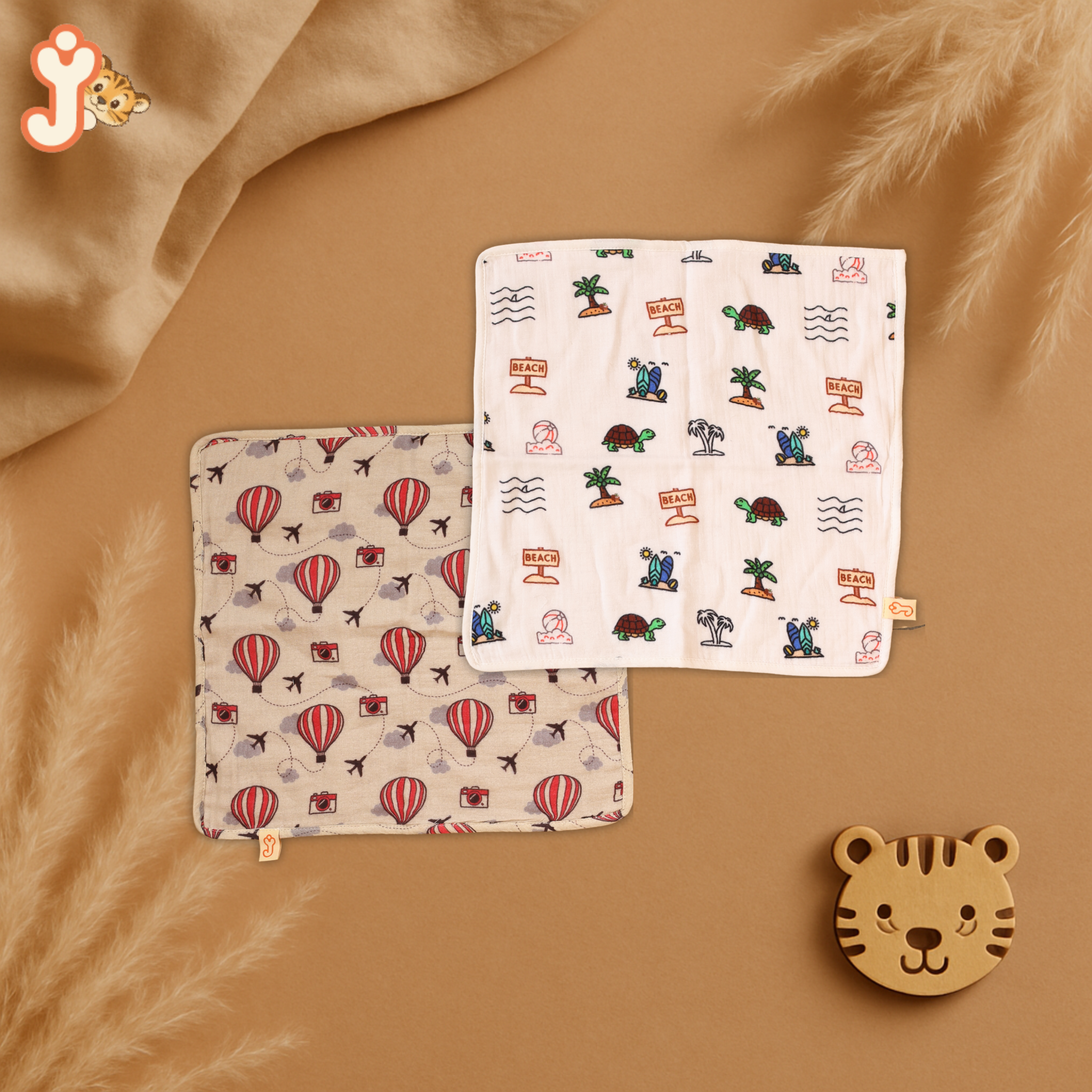 Junioryou Organic Cotton muslin Wash cloth for babies (Pack of 2) - Balloon Safari & Sand Toes Holiday