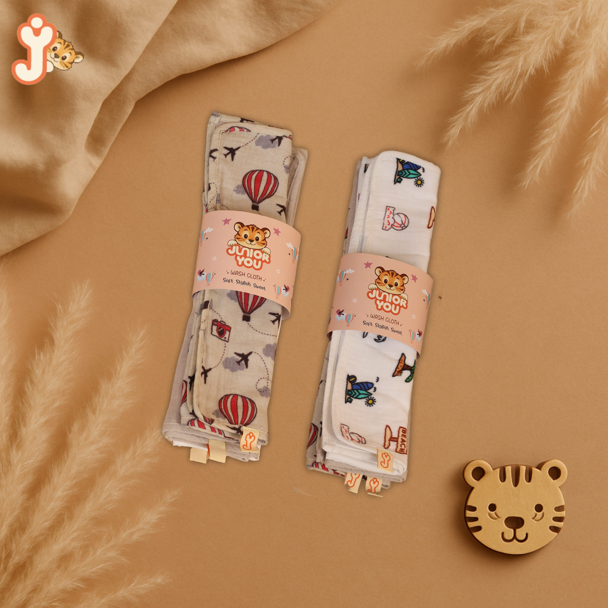 Junioryou Organic Cotton muslin Wash cloth for babies (Pack of 2) - Balloon Safari & Sand Toes Holiday