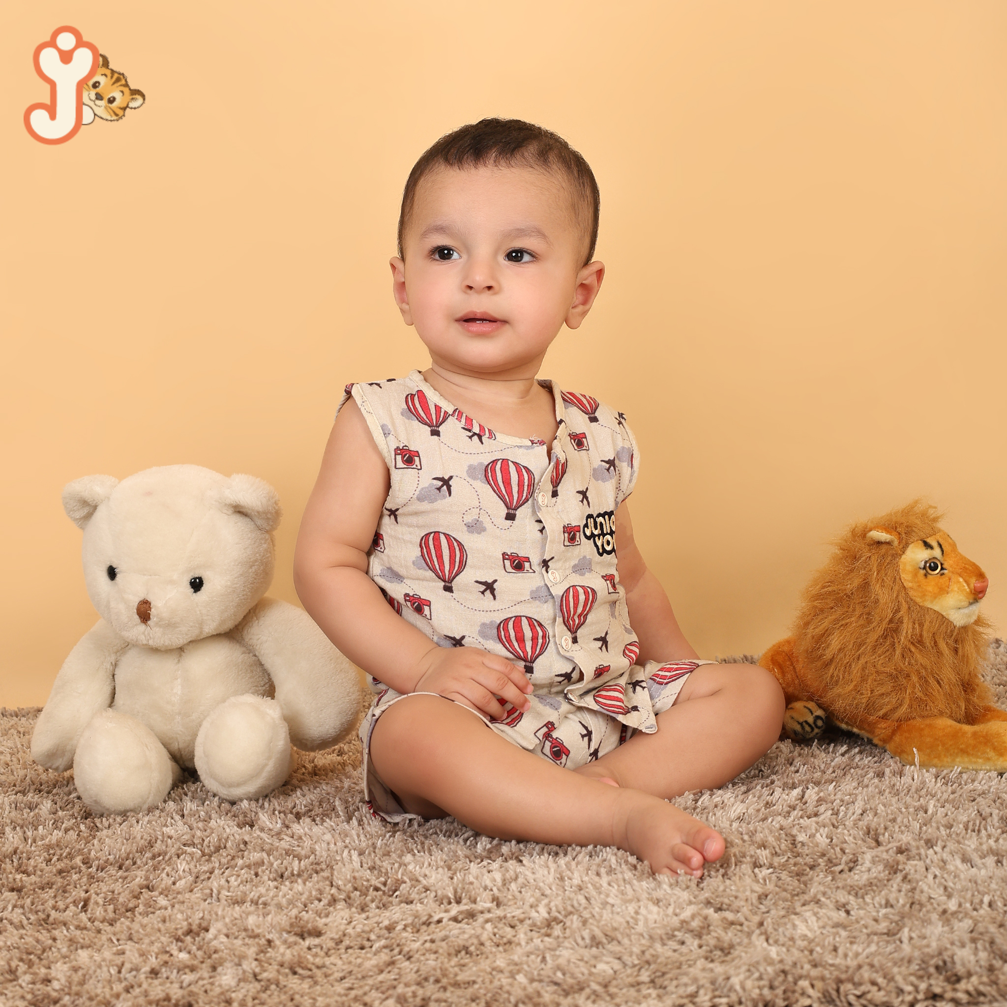 Junioryou Organic Cotton muslin Jhabla set with Shorts (Unisex) - Balloon Safari