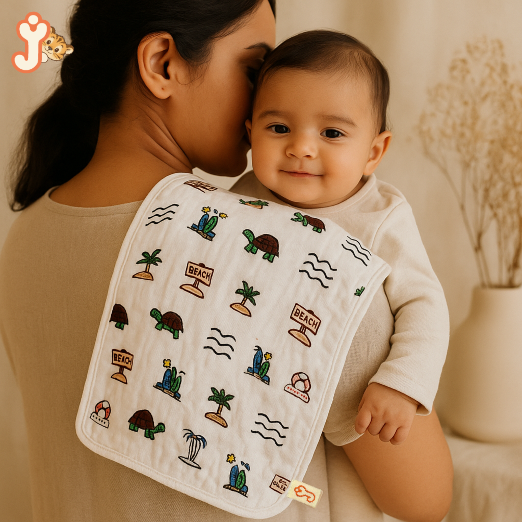 JuniorYou Organic Cotton Muslin Baby Care Essentials (Combo Set of 3) – Sandy Toes Holiday Swaddle, Washcloth & Bib/Burp Cloth
