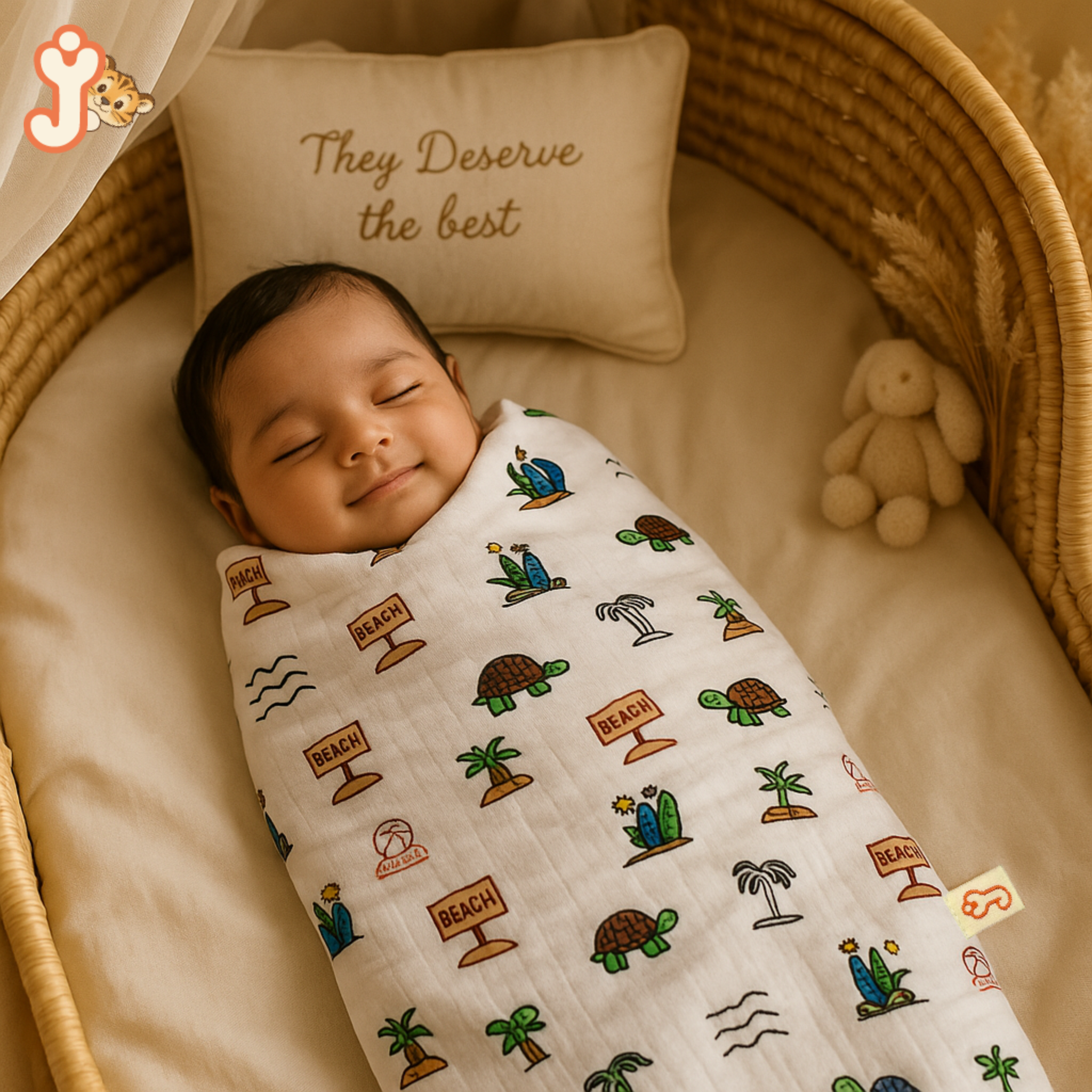 JuniorYou Organic Cotton Muslin Baby Care Essentials (Combo Set of 3) – Sandy Toes Holiday Swaddle, Washcloth & Bib/Burp Cloth