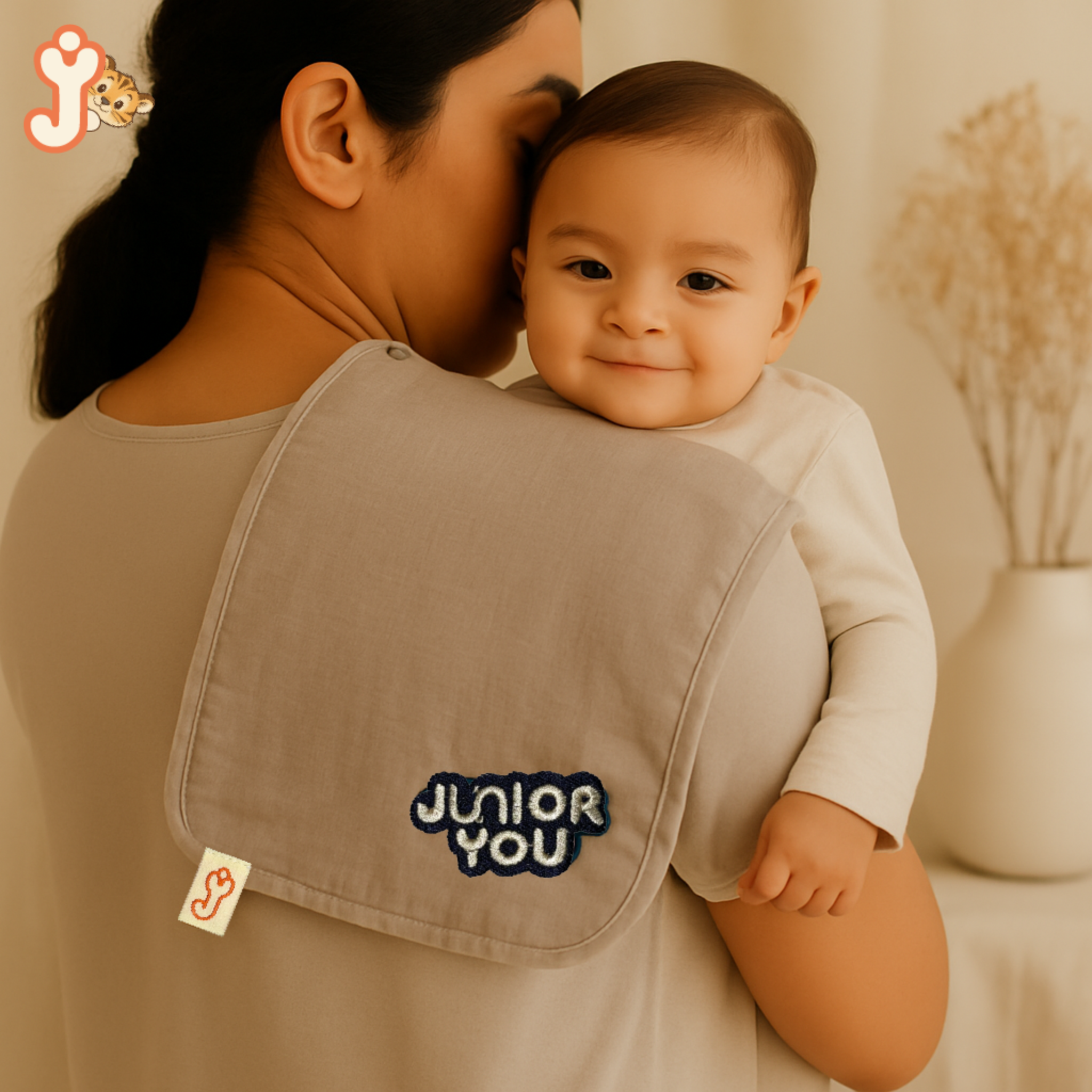 JuniorYou Organic Cotton Muslin Baby Care Essentials (Combo Set of 2) – Solid Grey Washcloth & Bib/Burp Cloth