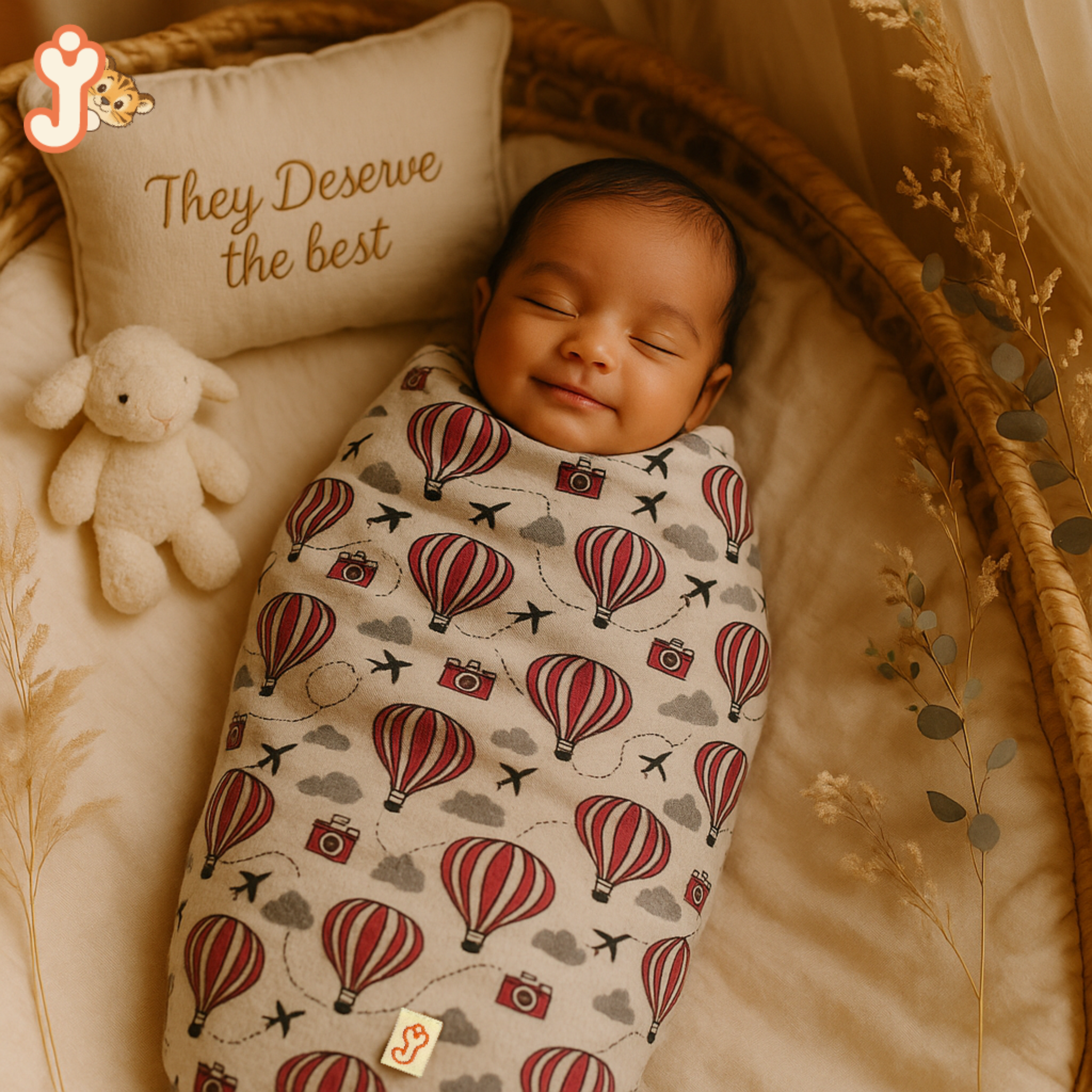 JuniorYou Organic Cotton Muslin Baby Care Essentials (Combo Set of 3) – Balloon Safari Swaddle, Washcloth & Bib/Burp Cloth