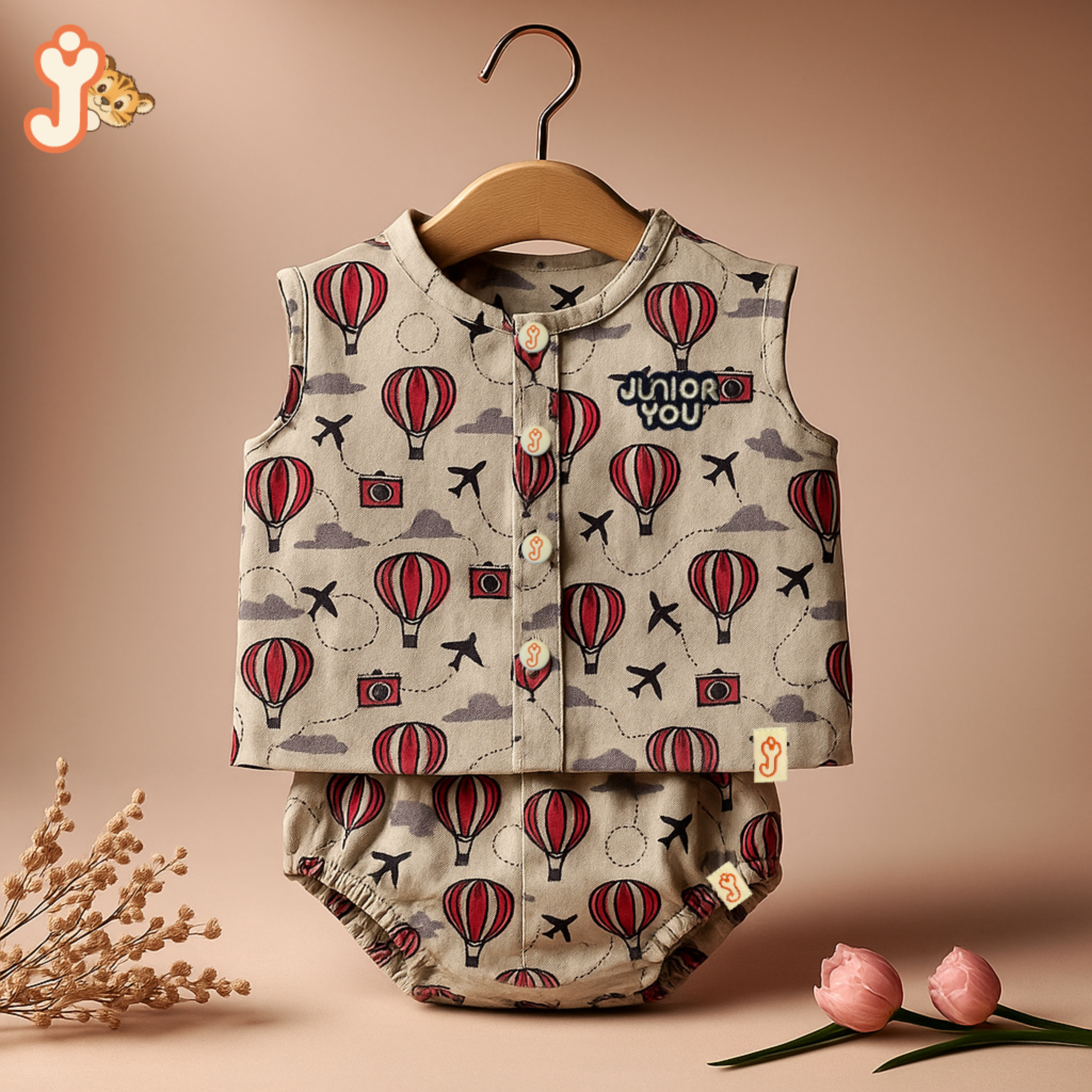 Junioryou Organic Cotton muslin Jhabla set with Bloomers (Unisex) - Balloon Safari