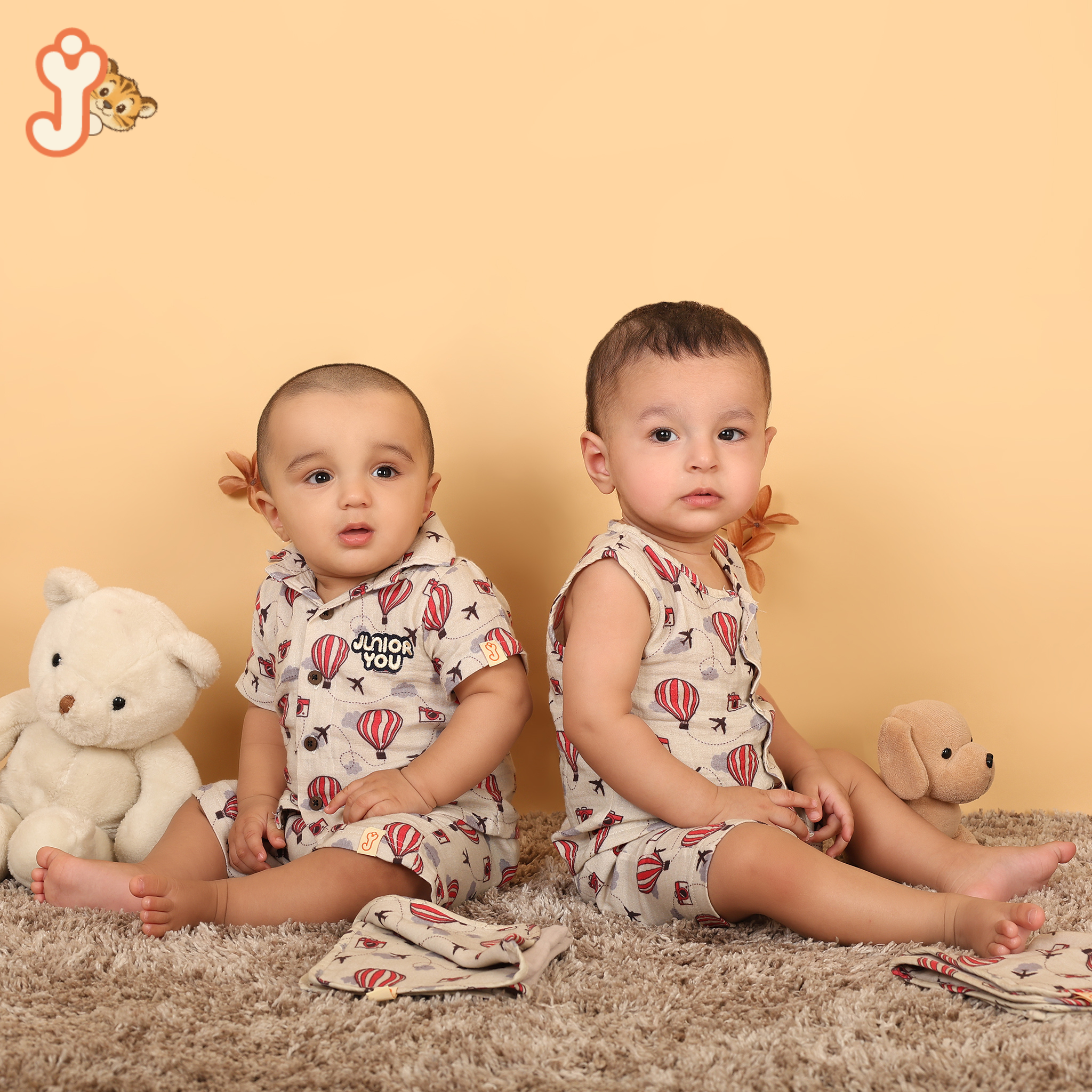 Junioryou Organic Cotton muslin Jhabla set with Shorts (Unisex) - Balloon Safari