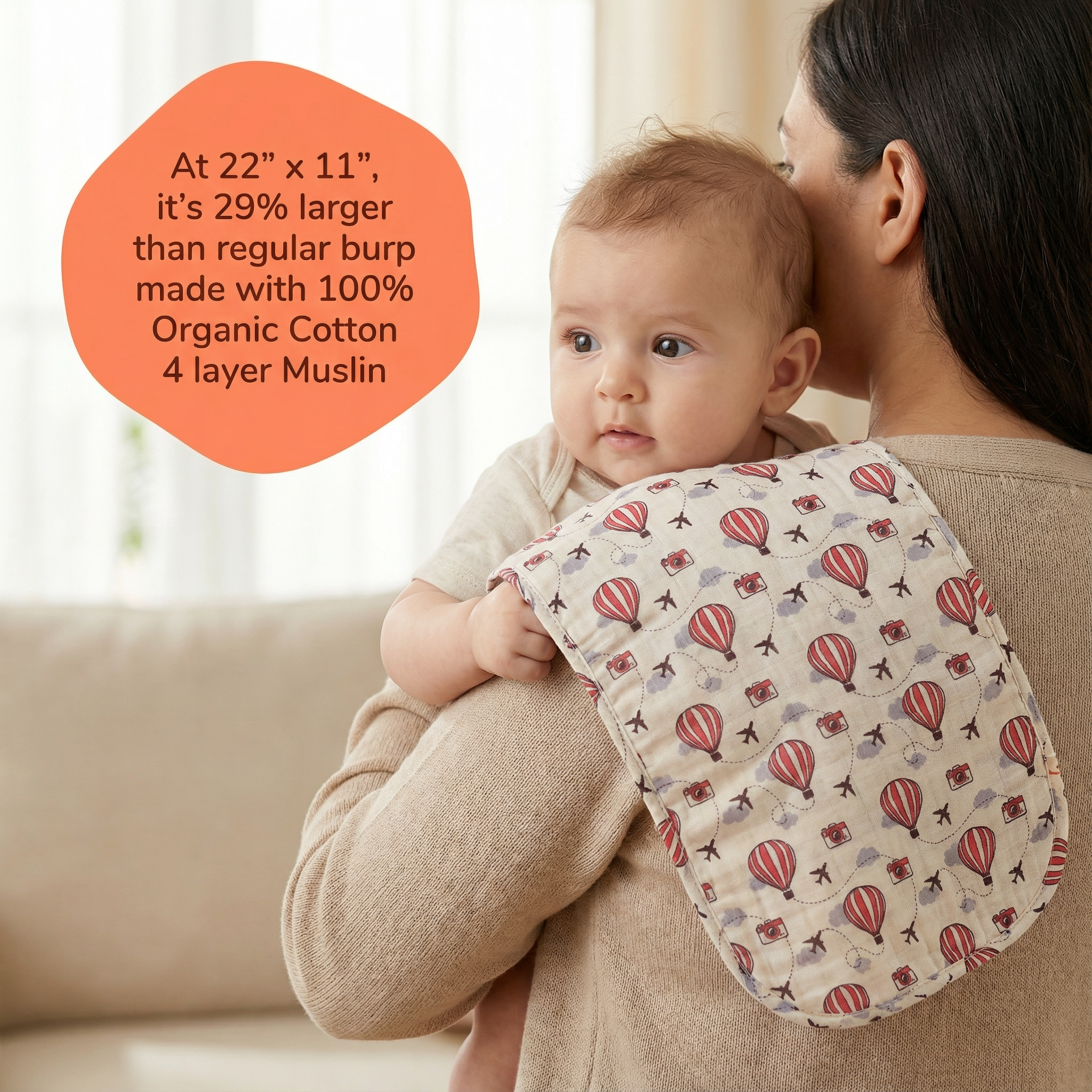 Junioryou Organic Cotton muslin Bib/Burp Cloth for babies - Balloon Safari