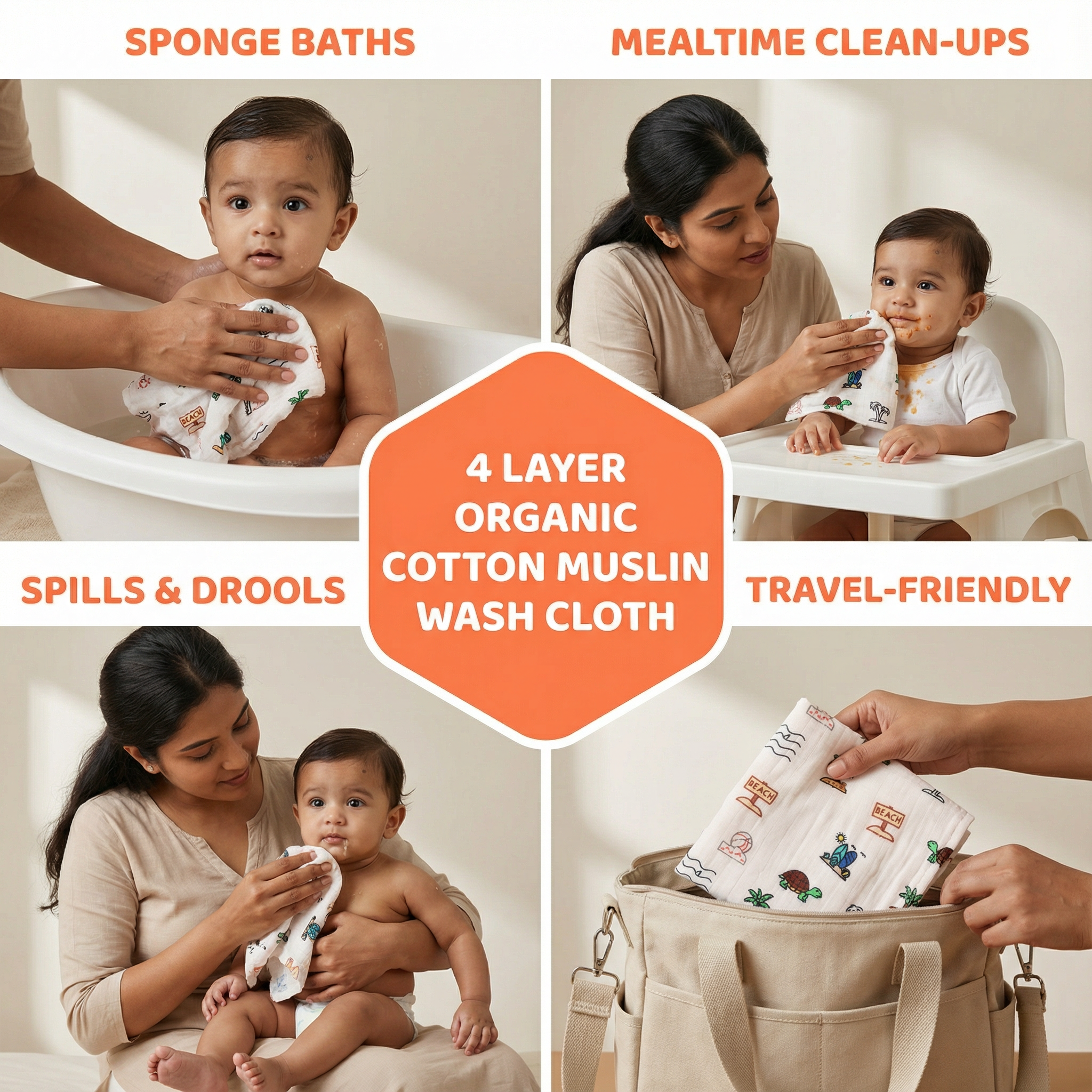 Organic Cotton muslin Wash cloth for babies - Sandy Toes Holiday