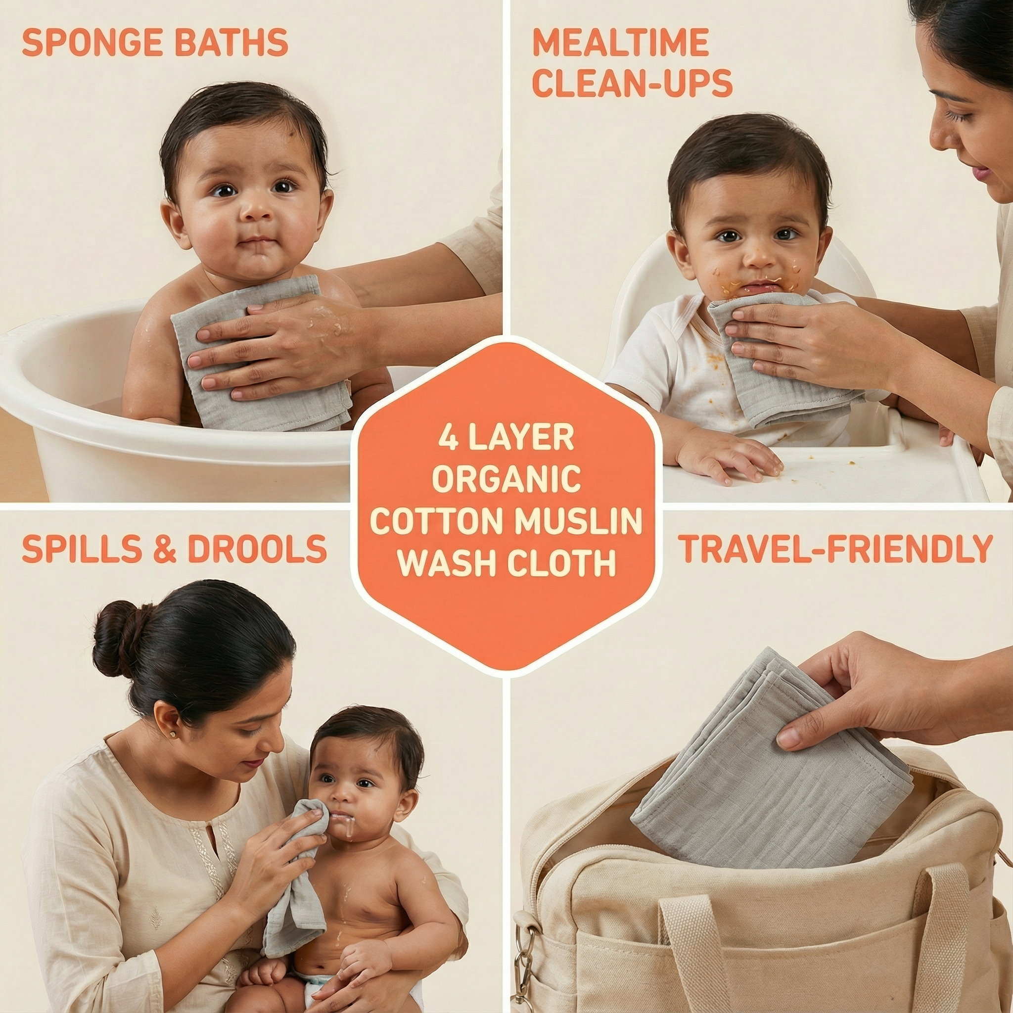Organic Cotton Muslin Baby Care Essentials (Combo Set of 2) – Solid Grey Washcloth & Bib/Burp Cloth